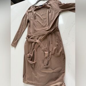 Classic Long Sleeve Belted Midi Dress in Taupe